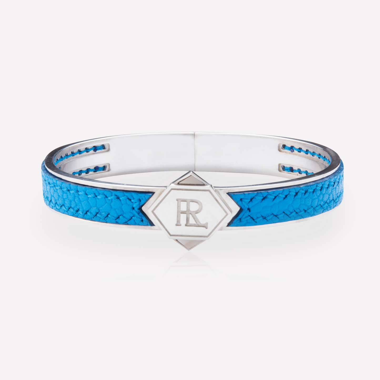 Twined Bracelet en Cuir, Grand, Bleu Ciel Profond, Nacre Blanc