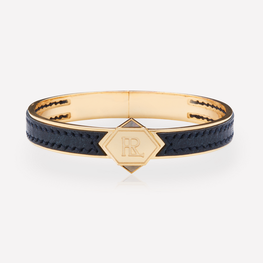 Twined Bracelet en Cuir, Grand, Bleu Nuit, Jaspe Noir